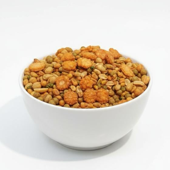 White bowl filled with a mix of dried fruits on a white background